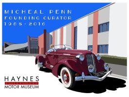 A 1936 Auburn 852 Speedster at the front of the museum with Mr Penn at the wheel painted by Artist Bill Philpot